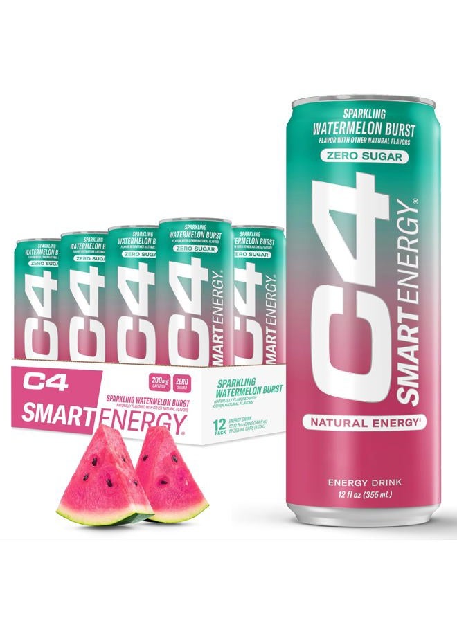 C4 Cellucor C4 Smart Energy Drink – Boost Focus and Energy with Zero Sugar, Natural Energy, and Nootropics - 200mg Caffeine - Watermelon Burst - 12 FL OZ (355 ml) - Pack of 12 - Image 1