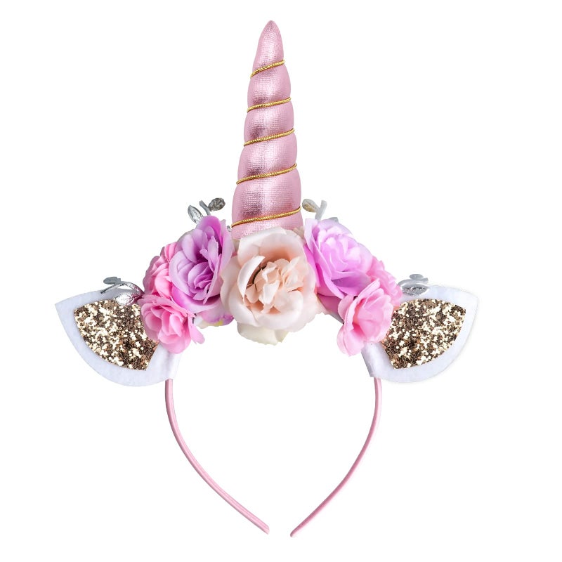 AHIER Unicorn Headband Pink Glitter Horn Headband Cat Ear Head Bands Flowers Headwear Accessory for Unicorn Party Supplies