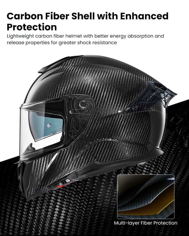 ILM Carbon Fiber Motorcycle Helmets Lightweight Full Face Dual Visor Helmet with Rear Wing Pinlock Compatible Motorbike Street Bike DOT ECE Men Women Model 861C (CarbonFiber3K, L) - Image 4