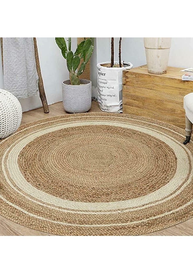 FFD Natural Jute Rug with White Line Jute Rug Carpet Handmade Braided Jute Carpet  - Image 1