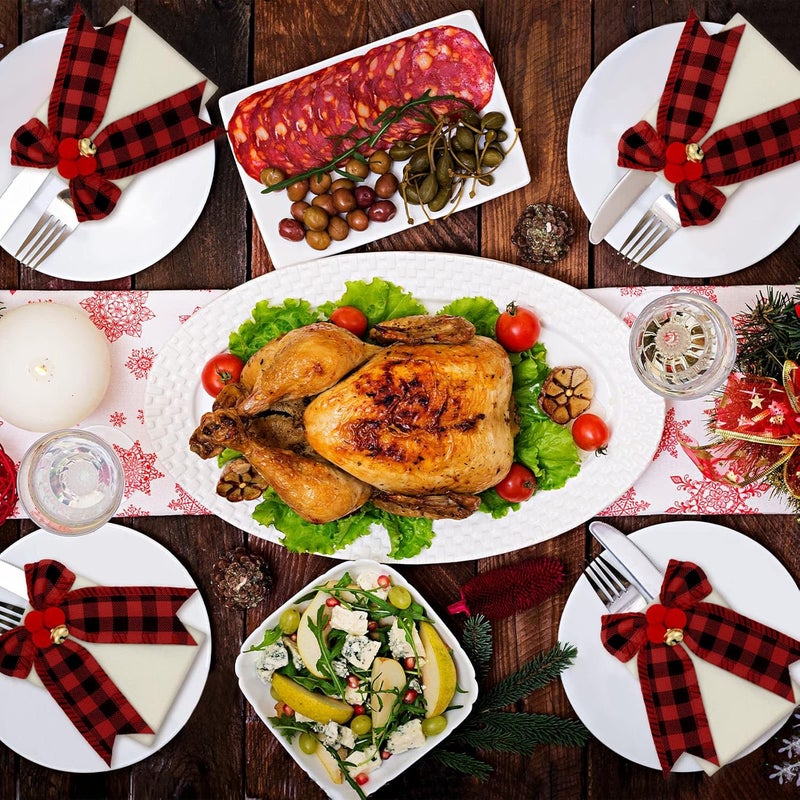 Patelai حامل أدوات المائدة الفضية لعيد الميلاد 12 قطعة حامل أدوات البورلاپ لحفلة عيد الميلاد حامل أدوات المائدة بتصميم مربعات البيسون لحقيبة الشوكة لتزيين طاولة العشاء باللونين الأحمر والأسود - Image 4