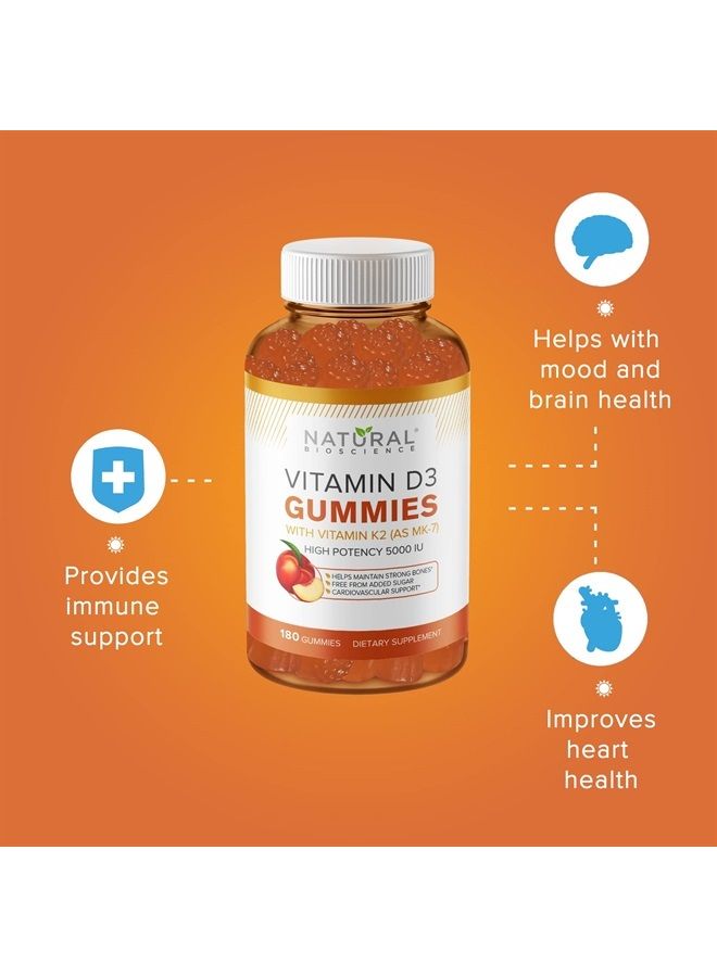 Natural BioScience Sugar Free Vitamin D3 K2 Gummies - Vitamin D3 Gummies 5000 IU+K2 MK7 80 mcg, K2 D3 Vitamin Supplement Adults, Vitamin D K2 for Bones, Immune, Heart, Mood, Kosher, Halal, Gluten-Free, Non-GMO, 60 Count - Image 1