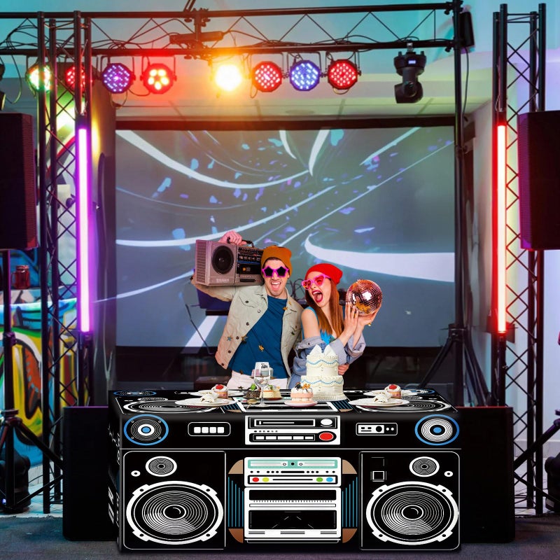 Oudain 6 FT 80s 90s Theme Tablecloth 80s Birthday Party Supplies Hip Hop Party Decoration Vintage Boom Box Tablecloth 72 x 30'' Retro Radio Table Cover Washable Fabric Polyester Rectangle Table Cover - Image 2