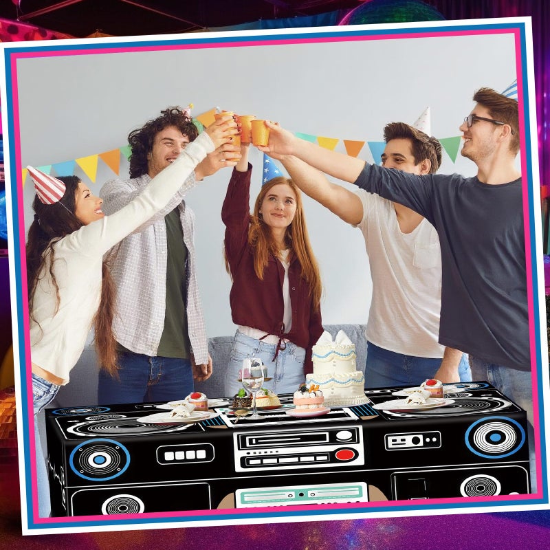 Oudain 6 FT 80s 90s Theme Tablecloth 80s Birthday Party Supplies Hip Hop Party Decoration Vintage Boom Box Tablecloth 72 x 30'' Retro Radio Table Cover Washable Fabric Polyester Rectangle Table Cover - Image 5