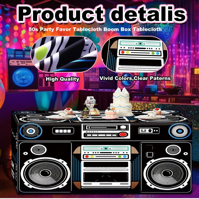 Oudain 6 FT 80s 90s Theme Tablecloth 80s Birthday Party Supplies Hip Hop Party Decoration Vintage Boom Box Tablecloth 72 x 30'' Retro Radio Table Cover Washable Fabric Polyester Rectangle Table Cover - Image 4
