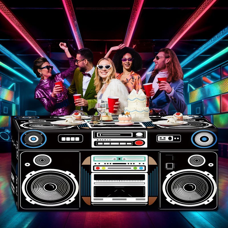 Oudain 6 FT 80s 90s Theme Tablecloth 80s Birthday Party Supplies Hip Hop Party Decoration Vintage Boom Box Tablecloth 72 x 30'' Retro Radio Table Cover Washable Fabric Polyester Rectangle Table Cover - Image 1