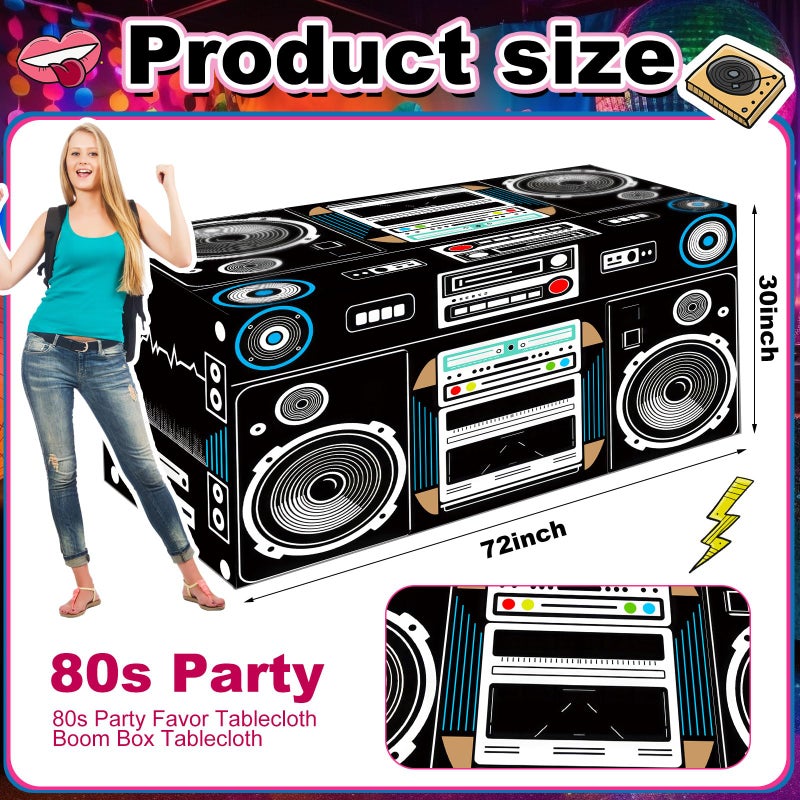 Oudain 6 FT 80s 90s Theme Tablecloth 80s Birthday Party Supplies Hip Hop Party Decoration Vintage Boom Box Tablecloth 72 x 30'' Retro Radio Table Cover Washable Fabric Polyester Rectangle Table Cover - Image 3