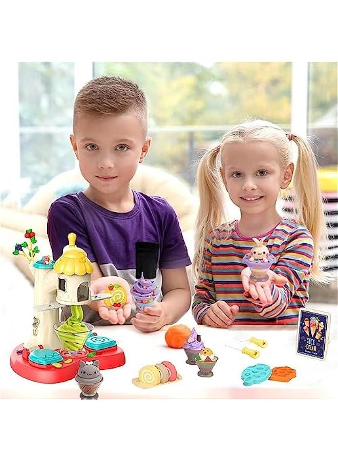 Kids Play Dough Kitchen Creations Noodle Maker, Handmade DIY Creative Noodle Machine Toy Kit with Dough and Molds for Kids 2 3 4 5 Year Old (Ice Cream Maker)