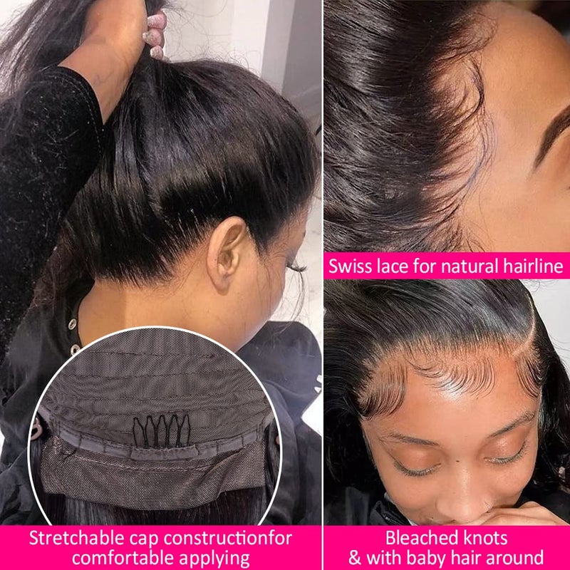 Subella 13x5 Lace Front Wigs Human Hair Pre Plucked with Baby Hair Bleached Knots 12A 180% Density Brazilian Straight Lace Frontal Wigs for Black Women (16inch) - Image 3