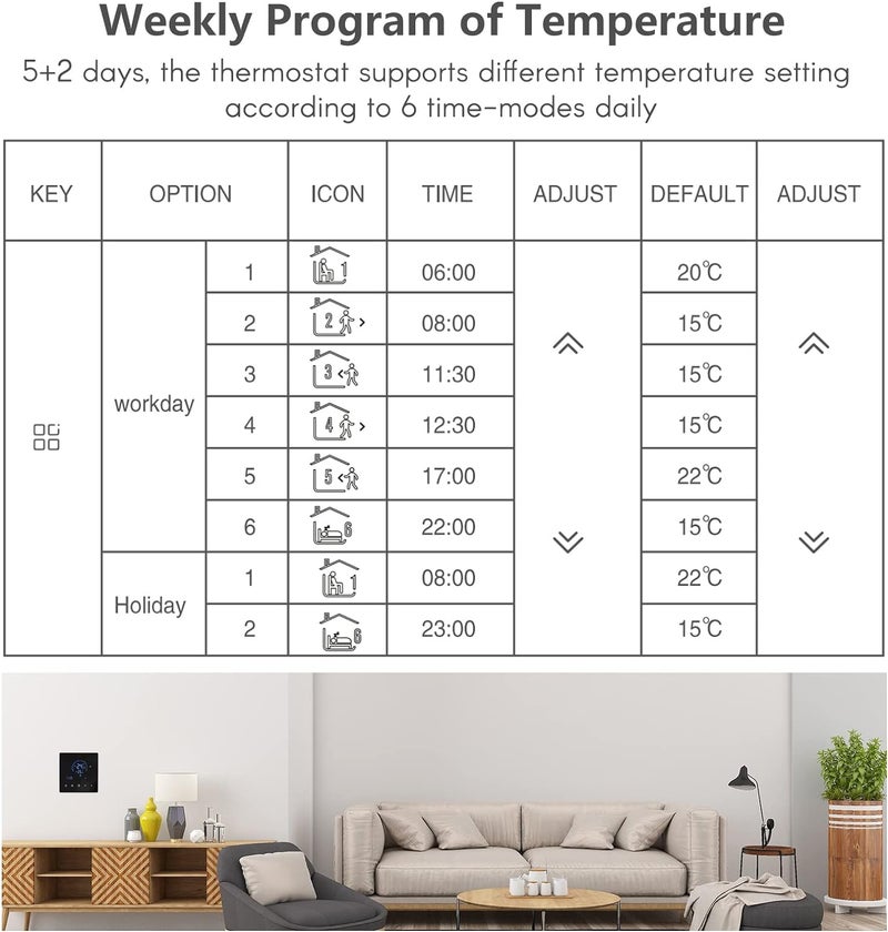 WiFi Smart Intelligent Thermostat Temperature Controller for Electric Heating Equipment LCD Display Touch Button Programmable App Remote Control Underground Heating for Home Office Hotel - Image 5