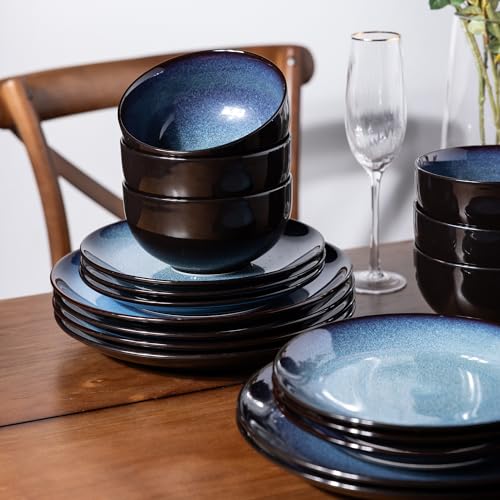 LERATIO طقم أدوات المائدة الخزفية LeRatio لـ 6 أشخاص، أطقم أطباق وأوعية، مجموعة أطباق بتزجيج تفاعلي يدوي، مقاومة للكسر والخدش | آمنة للاستخدام في الفرن وغسالة الصحون والميكروويف - أزرق (18 قطعة) - Image 5