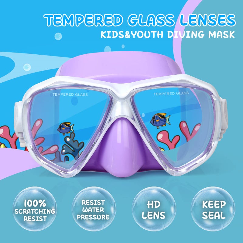 EXP VISION قناع الغوص للأطفال، قناع سباحة مضاد للضباب بزاوية 180 درجة، نظارات سباحة زجاج مقسى مع غطاء أنف وختم سيليكون، معدات قناع الغوص للسباحة والغوص والغوص السطحي للأطفال من 4-14 سنة أولاد وبنات (بنفسجي) - Image 2