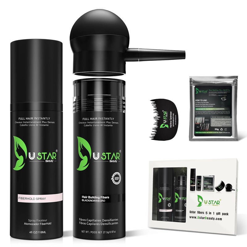 Hair Building Fibers Set USTAR 5 in 1 Hair Fibers for Thinning Hair and Hair Fiber Spray Natural Hair Filler Instantly Conceals Hair Loss Hair Powder for Women  Men 275g Black