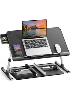 Laptop Table Stand Desk Adjustable Pvc Leather Laptop Bed Table Portable Standing Desk With Storage Drawer Foldable Lap Tablet Desk For Sofa Couch Floor Large Black