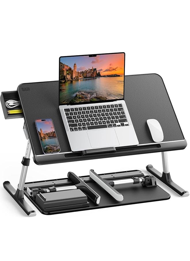 SAIJI - Laptop Table Stand Desk Adjustable Pvc Leather Laptop Bed Table Portable Standing Desk With Storage Drawer Foldable Lap Tablet Desk For Sofa Couch Floor Large Black - Image 1