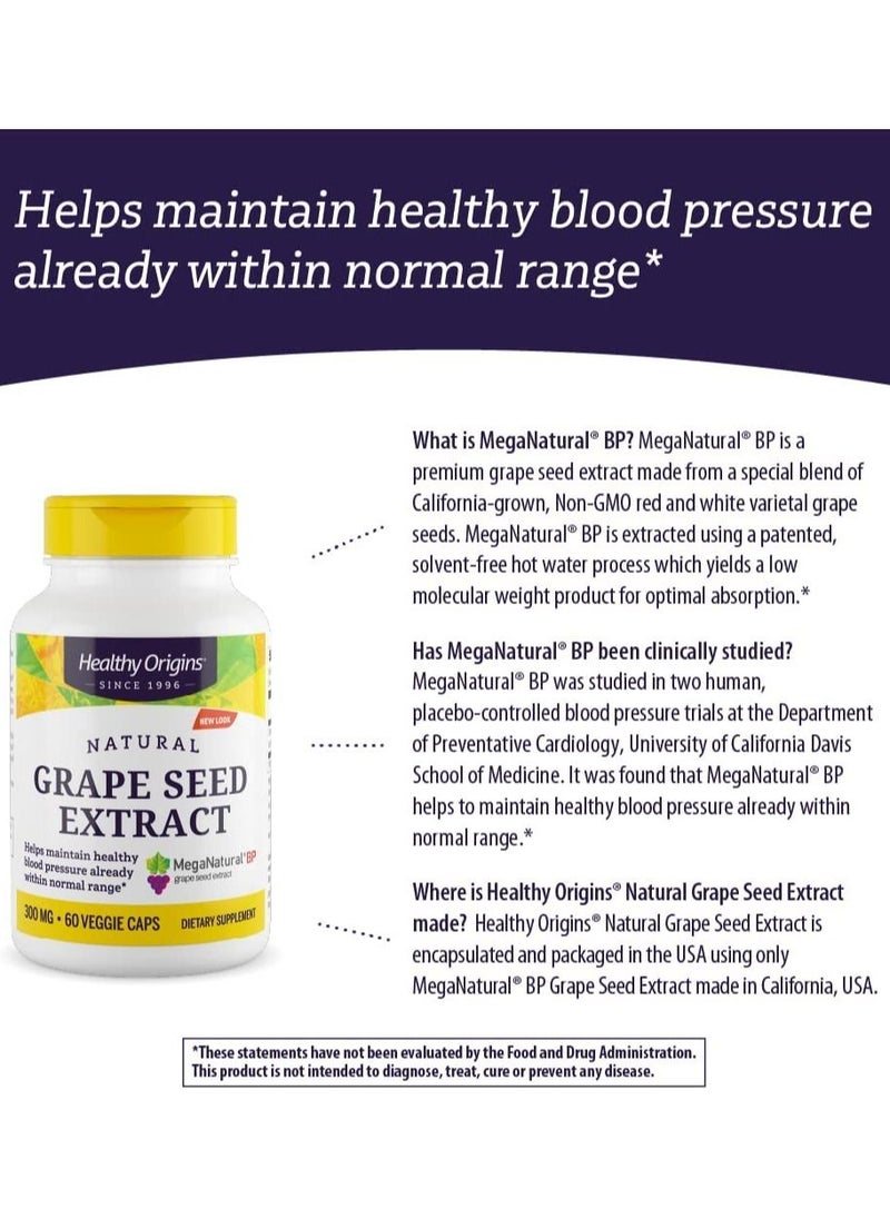 Healthy Origins - MegaNatural BP-Grape Seed Extract, 300 mg - Blood Flow Support - Premium Grapeseed Extract Capsules - Non-GMO & Gluten-Free Supplement - 60 Veggie Capsules - Image 1