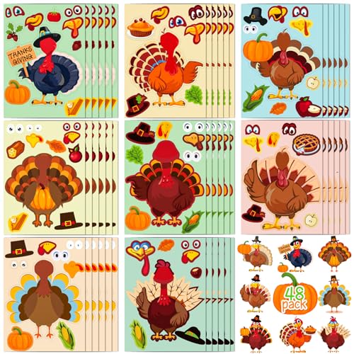 Max Fun 48 Sheets Thanksgiving Stickers for Kids Bulk Cute Holiday Stickers Funny DIY Crafts Activities Party Favors Game Gifts for Boys Girls - Image 1