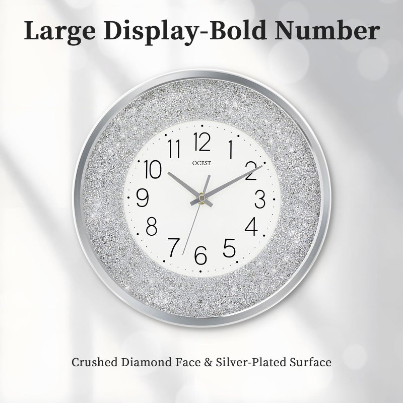 OCEST 12 Inch Wall Clocks Crushed Diamond Night Light, Silent LED Sparkle Glow in The Dark Decorative Large Display Clock for Bedroom, Living Room, Kitchen - Silver - Image 2
