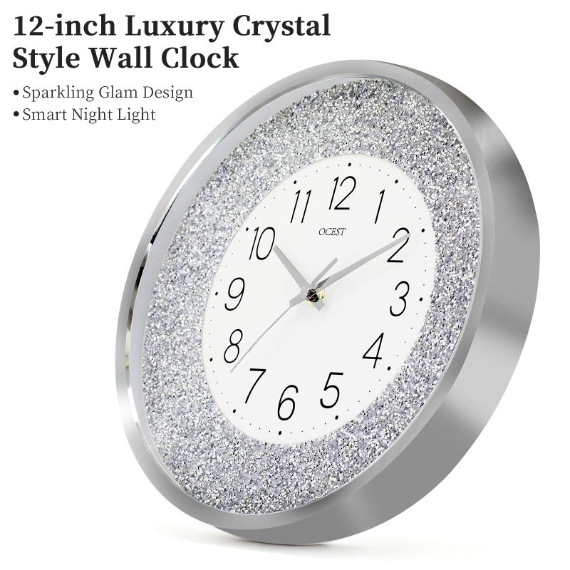 OCEST 12 Inch Wall Clocks Crushed Diamond Night Light, Silent LED Sparkle Glow in The Dark Decorative Large Display Clock for Bedroom, Living Room, Kitchen - Silver - Image 3