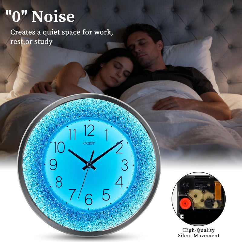 OCEST 12 Inch Wall Clocks Crushed Diamond Night Light, Silent LED Sparkle Glow in The Dark Decorative Large Display Clock for Bedroom, Living Room, Kitchen - Silver - Image 4