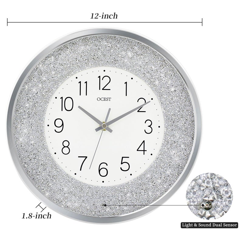 OCEST 12 Inch Wall Clocks Crushed Diamond Night Light, Silent LED Sparkle Glow in The Dark Decorative Large Display Clock for Bedroom, Living Room, Kitchen - Silver - Image 5