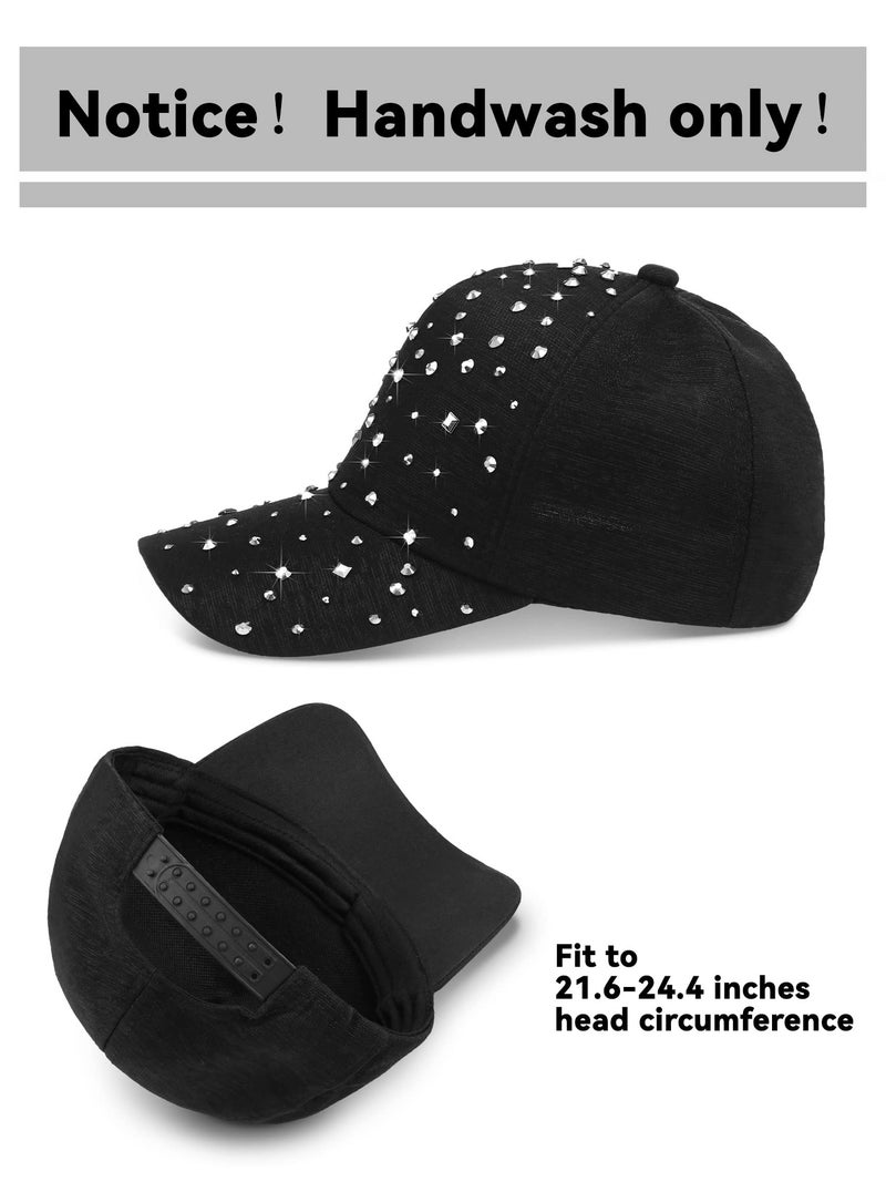 Loopeer 2 Pcs Adjustable Breathable Rhinestone Baseball Cap for Women Men Sequins Casual Sports Cap Rhinestone Hat(Black, White) - Image 2