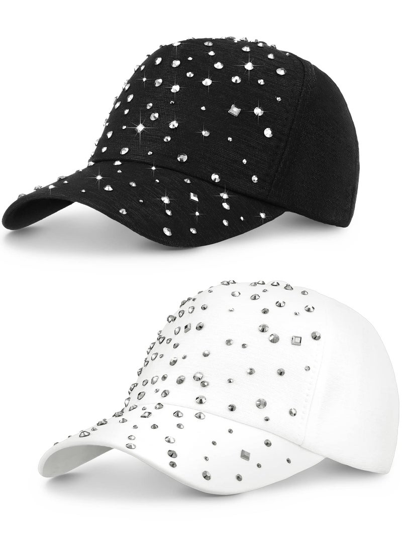 Loopeer 2 Pcs Adjustable Breathable Rhinestone Baseball Cap for Women Men Sequins Casual Sports Cap Rhinestone Hat(Black, White) - Image 1