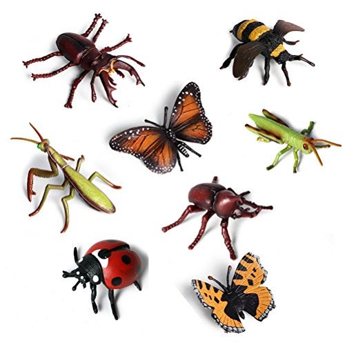Odowalker 8 pcs Lifelike Assorted Plastic Insects Bugs Figures Realistic Sandbox 4 Butterfly Bee Ladybug Grasshopper MantisUangStag Beetle - Image 1