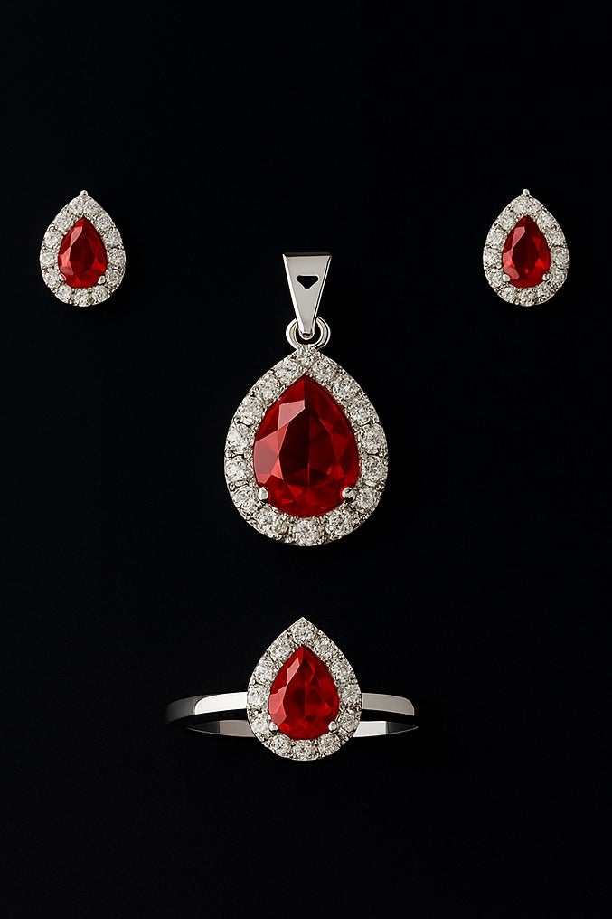 Ready For Chai 925 Sterling Silver Teardrop Sapphire Red CZ Halo Jewelry Set Pendant, Earrings & Ring | Anti-Tarnish - Image 4
