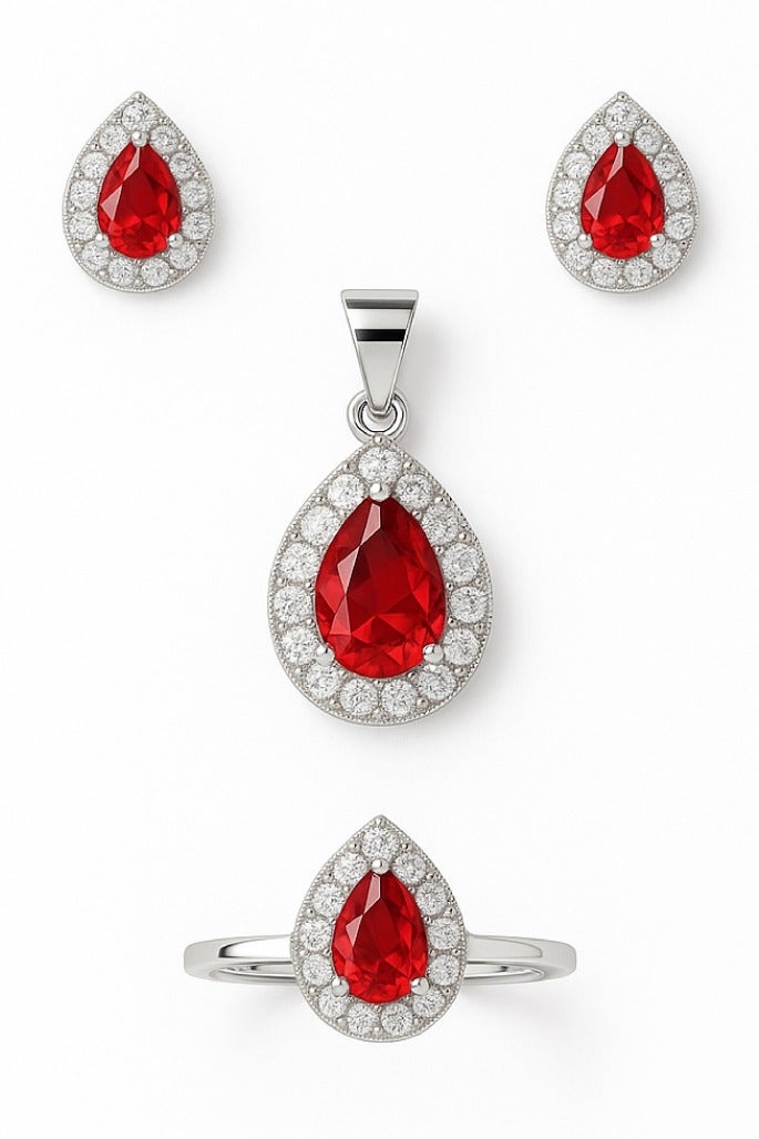 Ready For Chai 925 Sterling Silver Teardrop Sapphire Red CZ Halo Jewelry Set Pendant, Earrings & Ring | Anti-Tarnish - Image 1