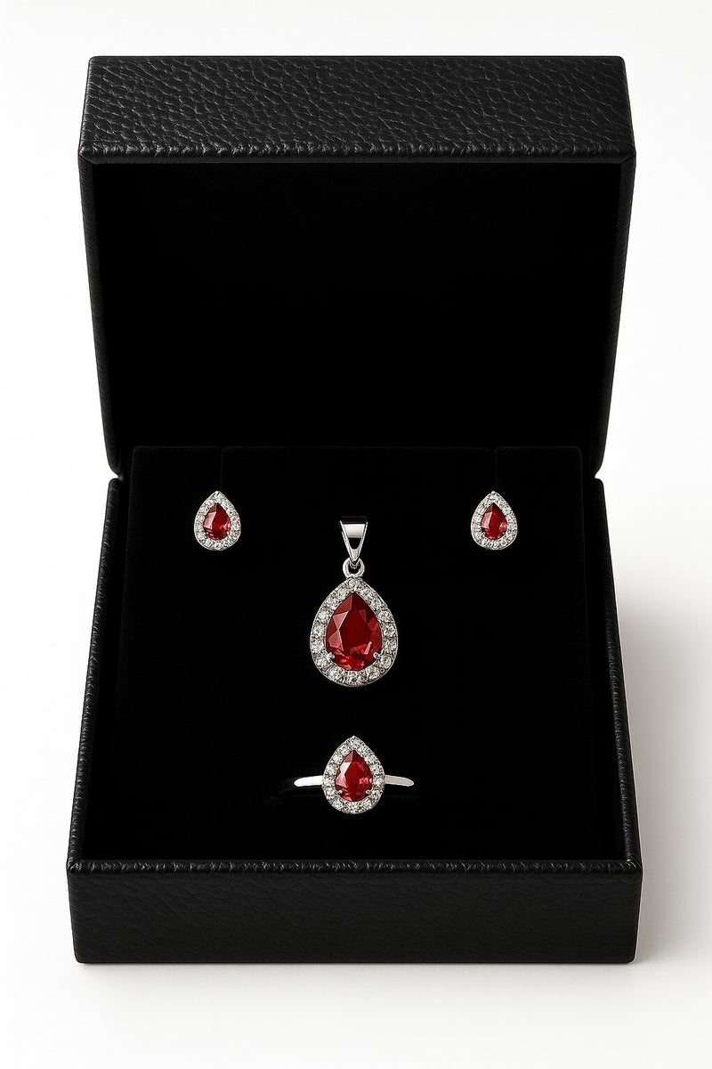 Ready For Chai 925 Sterling Silver Teardrop Sapphire Red CZ Halo Jewelry Set Pendant, Earrings & Ring | Anti-Tarnish - Image 2