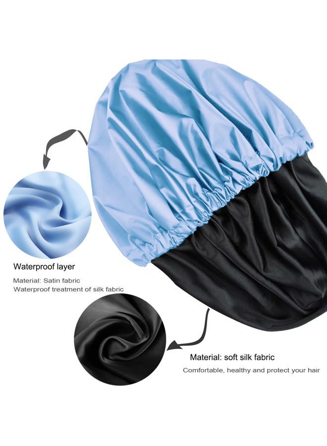 Amamba Large Lined Shower Cap,Double Layer Satin Fabric,Adjustable Size, Washable & Breathable,Waterproof，Reusable,Hair Shower Cap for Women-Blue - Image 2