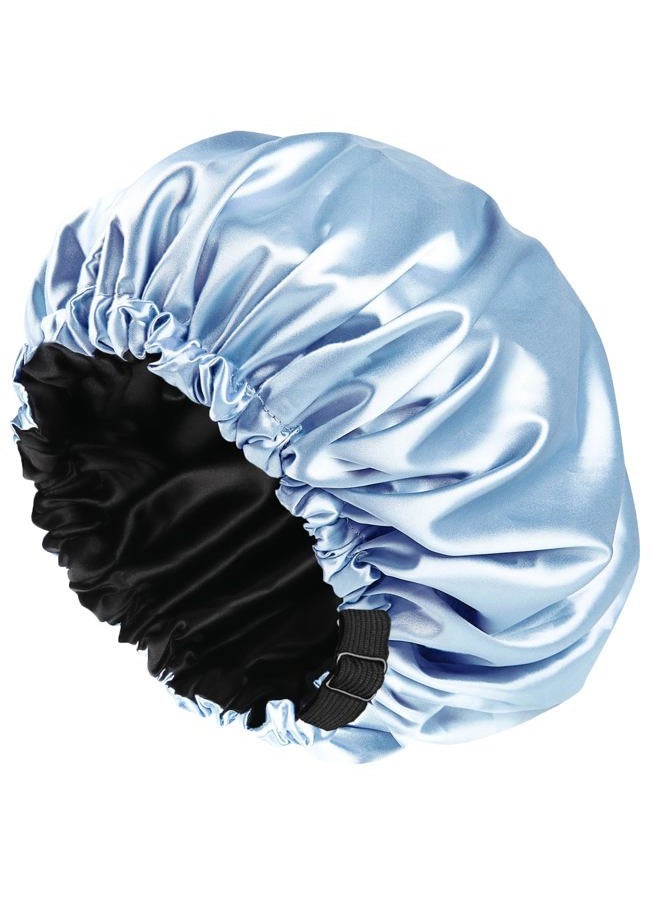 Amamba Large Lined Shower Cap,Double Layer Satin Fabric,Adjustable Size, Washable & Breathable,Waterproof，Reusable,Hair Shower Cap for Women-Blue - Image 1