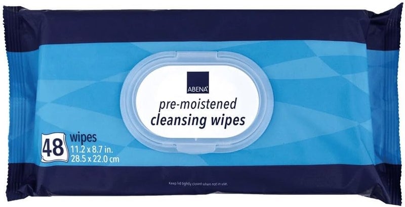 Abena Stretchable Pre-Moistened Cleansing Wipes, 11.2" X 8.7", 48 Count