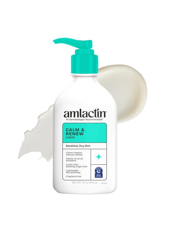 AmLactin Calm & Renew Lotion - Therapeutic Body and Face Moisturizer for Sensitive Skin - No-Scrub Exfoliator and Body Lotion for Dry Skin with Lactic Acid AHA and Soothing Ginger Root, 14.1 oz - Image 1