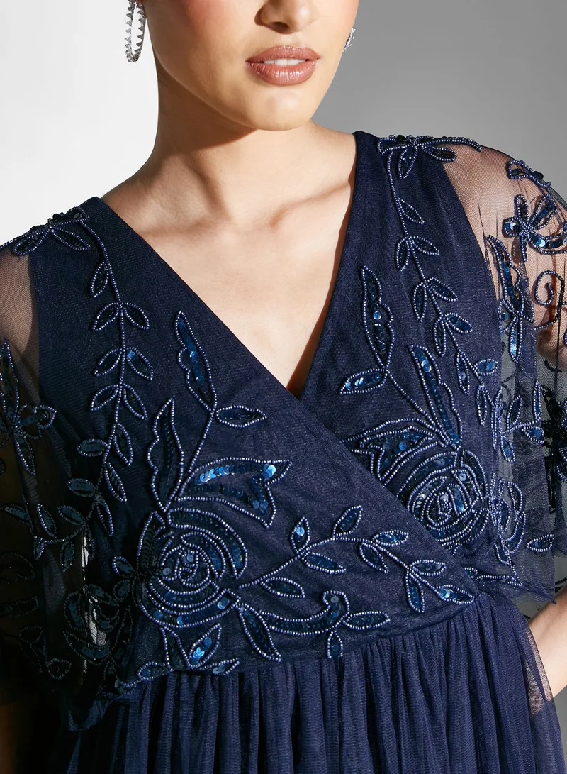 Namshi x Embellished Bodice Dress With Mesh Sleeves