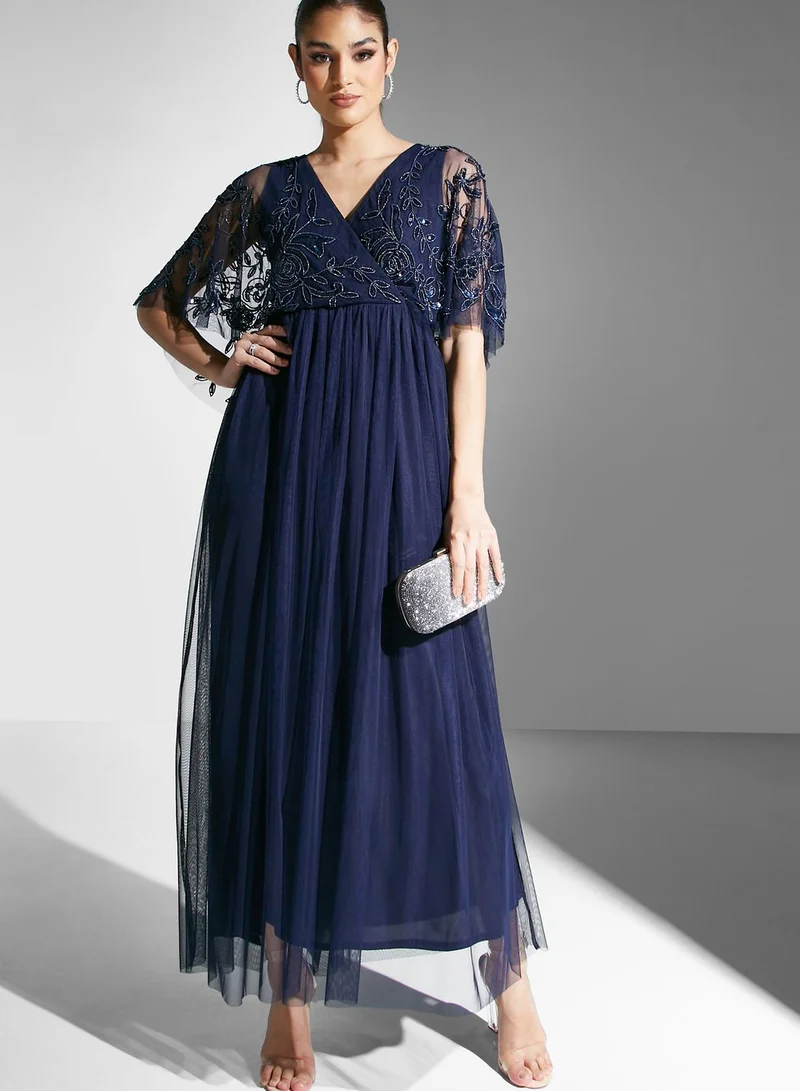 Namshi x Embellished Bodice Dress With Mesh Sleeves