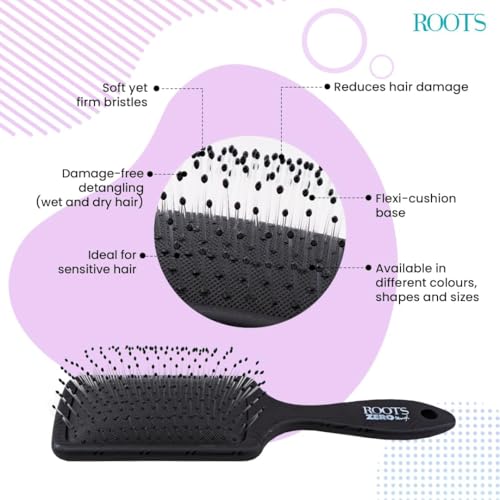 ROOTS Zero Tangle Black Paddle Hair Brush | Flexi Cushion Base | Soft yet Firm Bristles | Damage-Free Detangling on Sensitive/Wet/Dry Hair | For Men & Women | Length - 8.5 Inch, Model No - RZTM-NR - Image 4