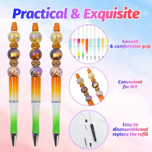 DASTTUIS 150 Pieces DIY Beadable Pens Kit - 50 plastic Beadable Pens Bulk, Refills & pen bags Included - Beaded Pens Black Ink Ballpoint Cute Pens for Students Teacher（Gradient） - Image 4