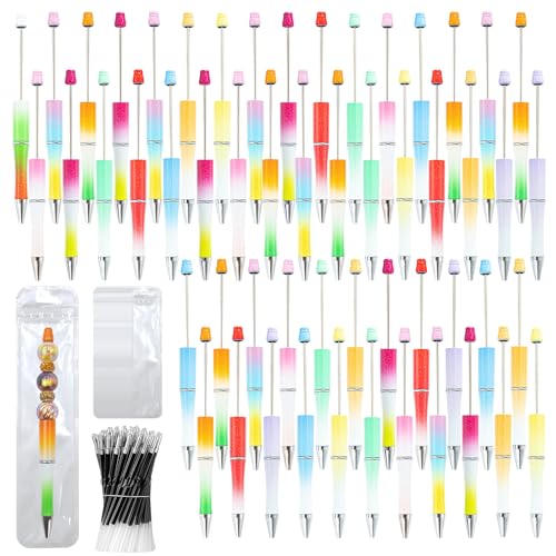 DASTTUIS 150 Pieces DIY Beadable Pens Kit - 50 plastic Beadable Pens Bulk, Refills & pen bags Included - Beaded Pens Black Ink Ballpoint Cute Pens for Students Teacher（Gradient） - Image 1