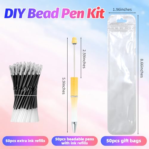 DASTTUIS 150 Pieces DIY Beadable Pens Kit - 50 plastic Beadable Pens Bulk, Refills & pen bags Included - Beaded Pens Black Ink Ballpoint Cute Pens for Students Teacher（Gradient） - Image 2