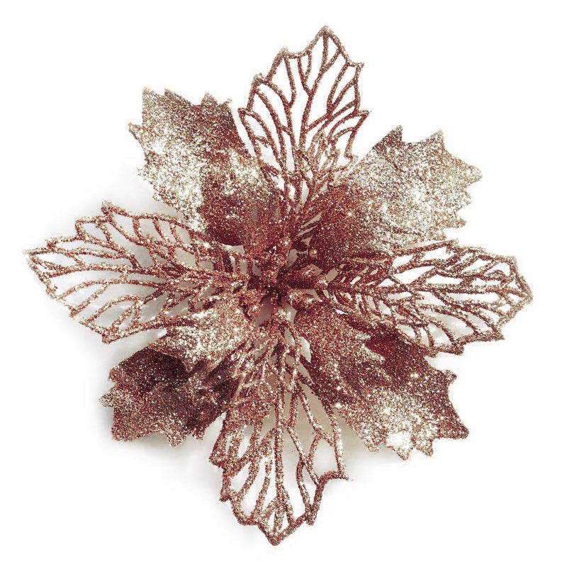 GL-Turelifes 12 Pcs 6.3'' Glitter Christmas Flowers Rose Gold Artificial Poinsettia Flowers Christmas Tree Flowers Wreath Tree Ornaments with 12 Pcs Green Flower Stem - Image 1