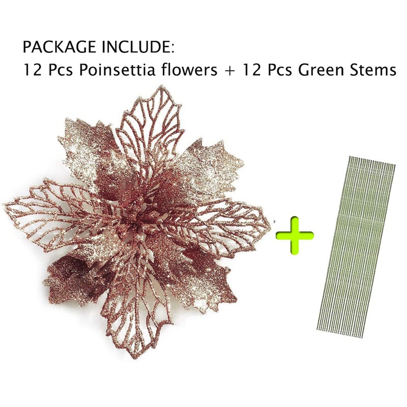 GL-Turelifes 12 Pcs 6.3'' Glitter Christmas Flowers Rose Gold Artificial Poinsettia Flowers Christmas Tree Flowers Wreath Tree Ornaments with 12 Pcs Green Flower Stem - Image 4