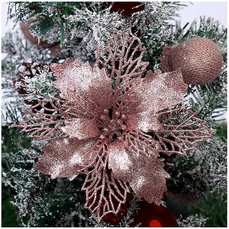 GL-Turelifes 12 Pcs 6.3'' Glitter Christmas Flowers Rose Gold Artificial Poinsettia Flowers Christmas Tree Flowers Wreath Tree Ornaments with 12 Pcs Green Flower Stem - Image 2