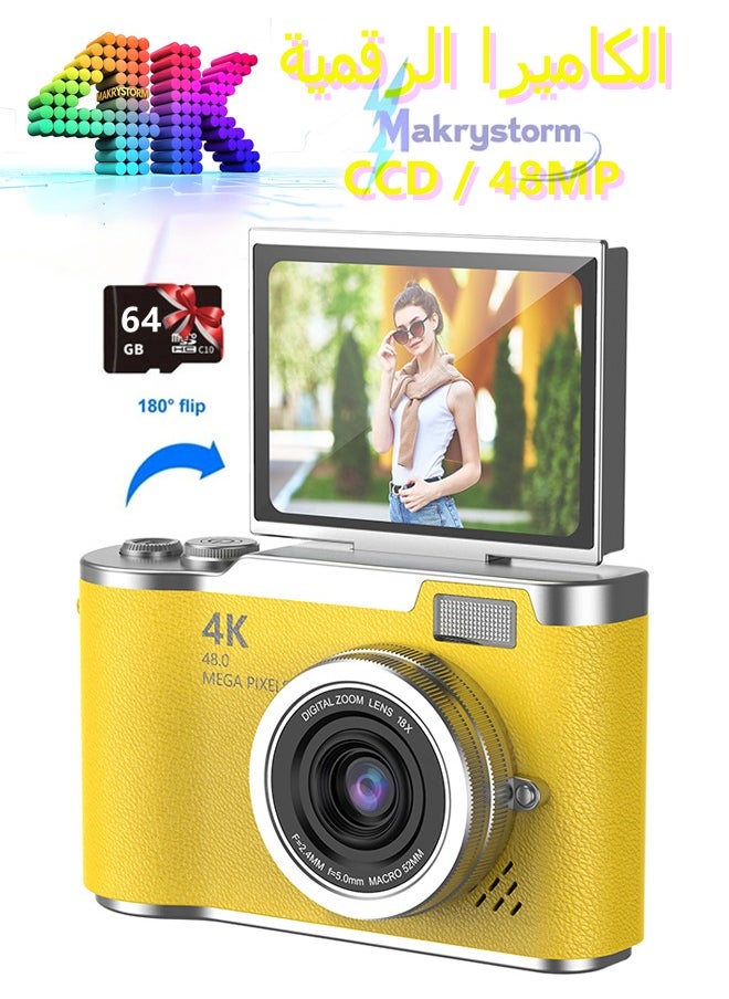 Makrystorm 4k CCD Digital Zoom Student Digital Camera 48MP Portable Digital Photography Camera 180° Flip Screen Selfie Camera，With 64GB SD card  - Image 1