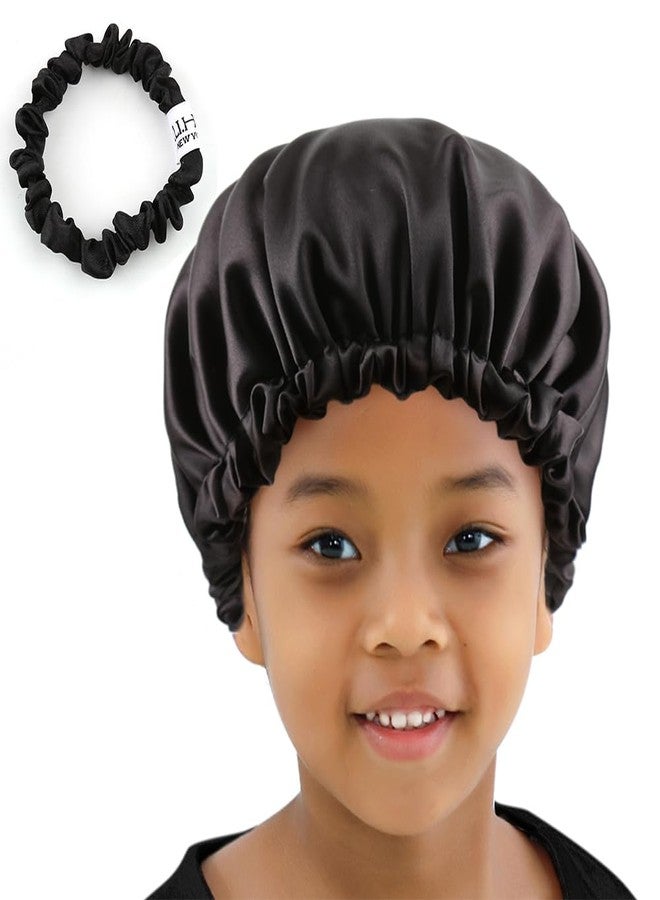 ELIHAIR قبعة نوم للأطفال من ELIHAIR للبنات والأولاد، بونيت للشعر للأطفال والمراهقين، قبعة نوم ليلية للشعر المجعد، قابلة للتعديل، بونيت ساتان ناعم، قابلة للعكس، طبقتين، لون أسود داكن - Image 1