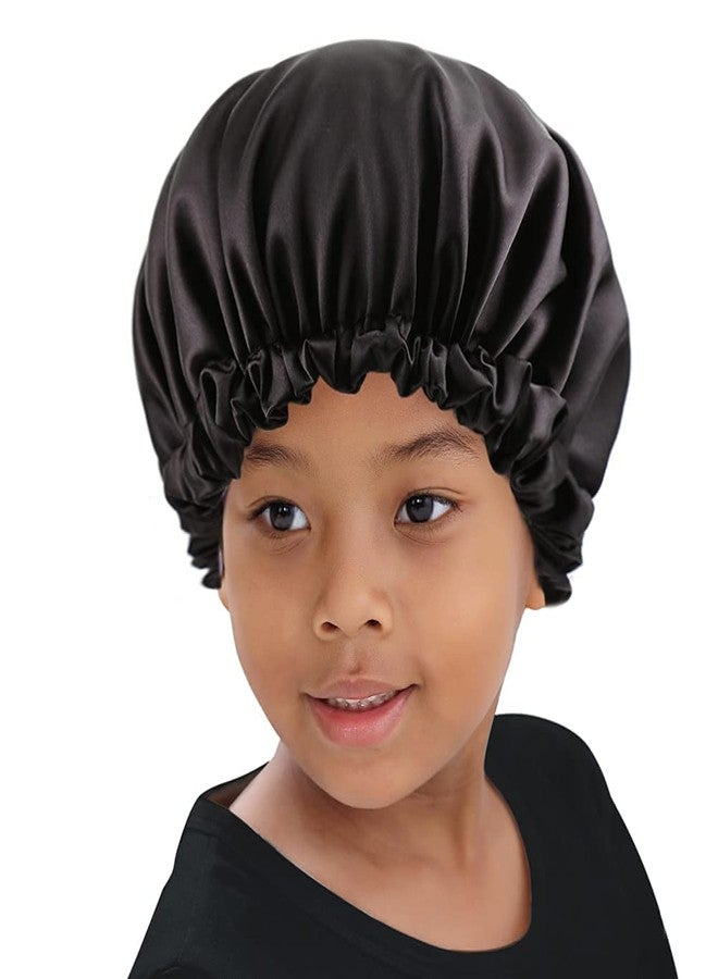 ELIHAIR قبعة نوم للأطفال من ELIHAIR للبنات والأولاد، بونيت للشعر للأطفال والمراهقين، قبعة نوم ليلية للشعر المجعد، قابلة للتعديل، بونيت ساتان ناعم، قابلة للعكس، طبقتين، لون أسود داكن - Image 4