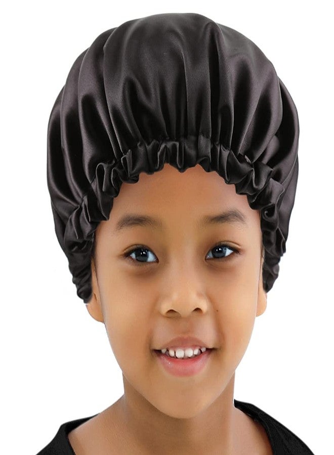 ELIHAIR قبعة نوم للأطفال من ELIHAIR للبنات والأولاد، بونيت للشعر للأطفال والمراهقين، قبعة نوم ليلية للشعر المجعد، قابلة للتعديل، بونيت ساتان ناعم، قابلة للعكس، طبقتين، لون أسود داكن - Image 2