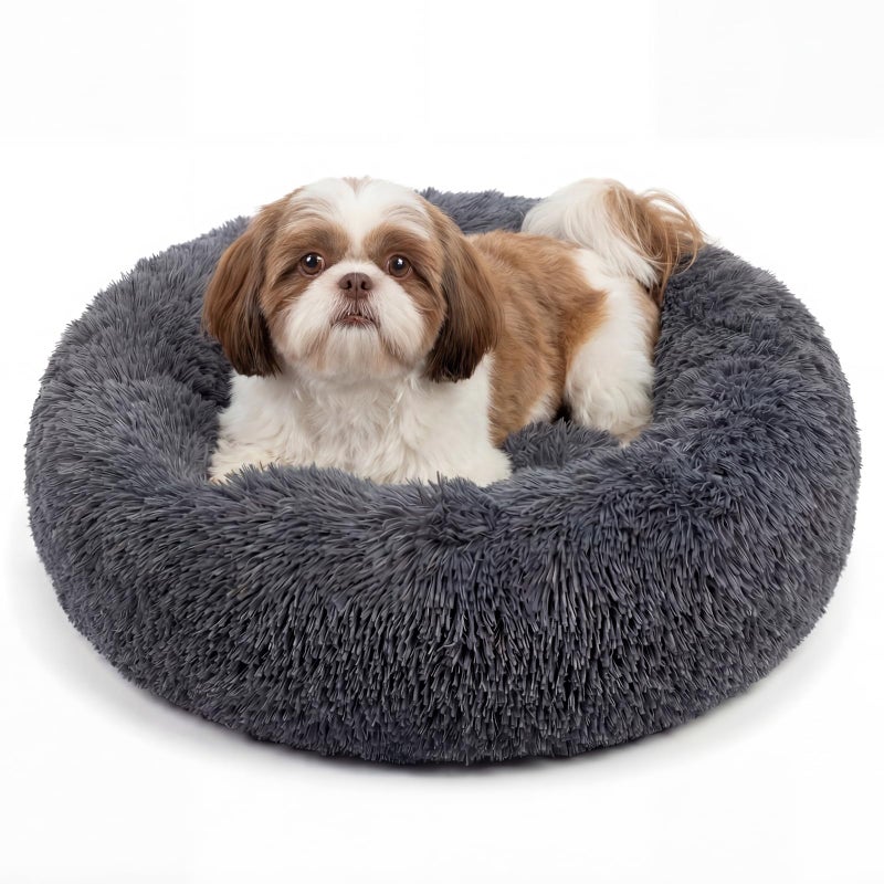 nononfish Calming Donut Dogs Beds for Small Dogs Washable,23inch Plush Round Pet Bed for Cozy Sleep,Fluffy Faux Fur Large Cat Bed,Fits up to 25 lbs Pets,Dark Grey - Image 1