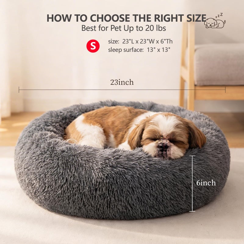 nononfish Calming Donut Dogs Beds for Small Dogs Washable,23inch Plush Round Pet Bed for Cozy Sleep,Fluffy Faux Fur Large Cat Bed,Fits up to 25 lbs Pets,Dark Grey - Image 3